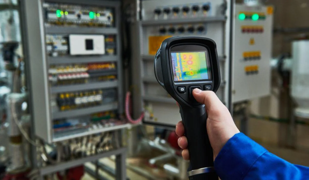 Câmera termográfica realizando análise em painel elétrico para fins de elaboração de projetos de engenharia de incendio.